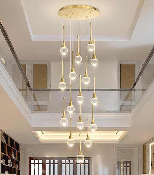 16 Light High Ceiling Crystal Chandelier Dimmable LED Pendant Lights with Remote Adjustable Chandeliers for Foyer Staircase Living Room Gold