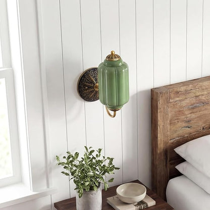 Vintage Milk Green Glass Wall Sconce - Milk Glass Shade Antique Brass Indoor Wall Light for Bedroom, Living Room, and Hallway