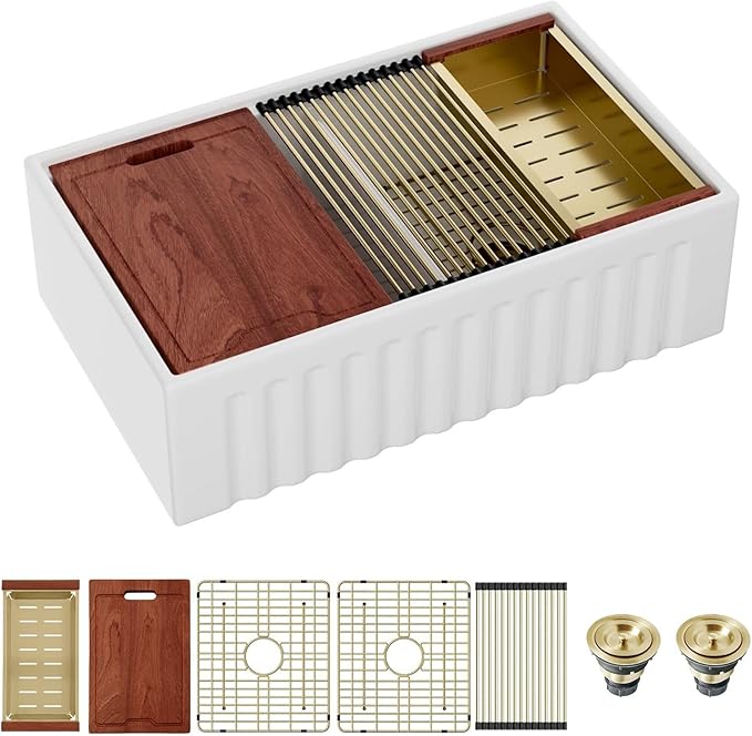 33 White Farmhouse Sink Double Bowl- Kichae 33 x 20 Inch Farmhouse Kitchen Sink Ledge Workstation Apron Front Ceramic Porcelain Single Bowl with Gold Accessories