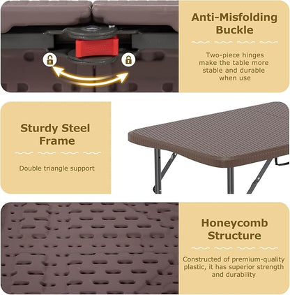 FDW 4FT Folding Table Half Portable Foldable Table Picnic Table for Office Home Camping Party (Brown Ratten)