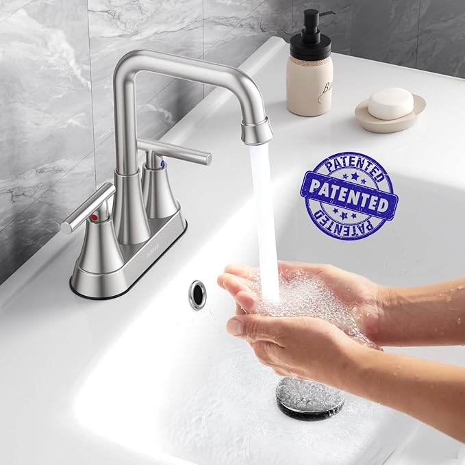 Bathroom Sink Faucet, Hurran 4 inch Brushed Nickel Bathroom Faucets for Sink 3 Hole with Pop-up Drain and Supply Lines, Stainless Steel 2-Handle Centerset Faucet for Vanity RV Restroom
