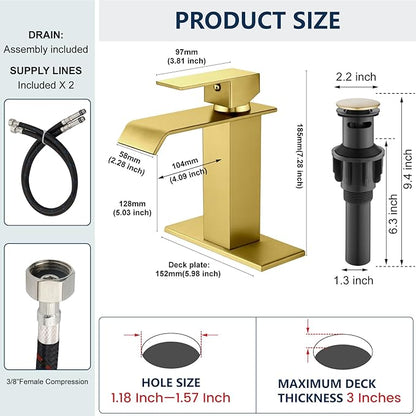 Midanya Waterfall Bathroom Faucets, Single Handle 1 Hole Bathroom Sink Faucet Modern RV Vanity Restroom Lavatory Basin Faucet with Pop Up Drain and Water Supply Lines,Brushed Gold