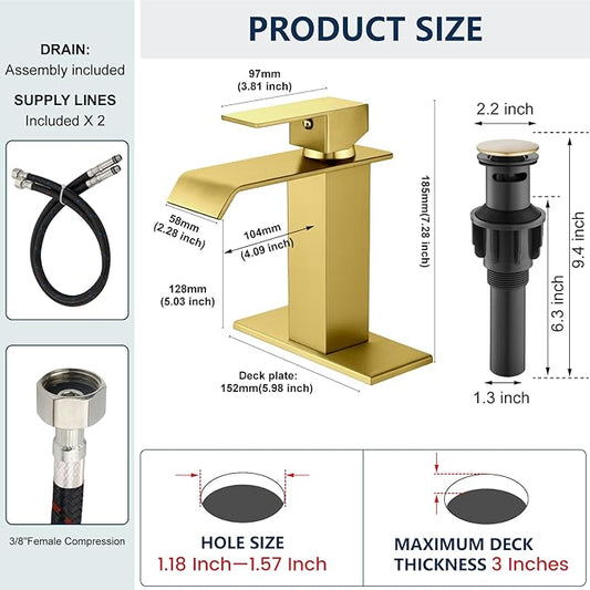 Midanya Waterfall Bathroom Faucets, Single Handle 1 Hole Bathroom Sink Faucet Modern RV Vanity Restroom Lavatory Basin Faucet with Pop Up Drain and Water Supply Lines,Brushed Gold
