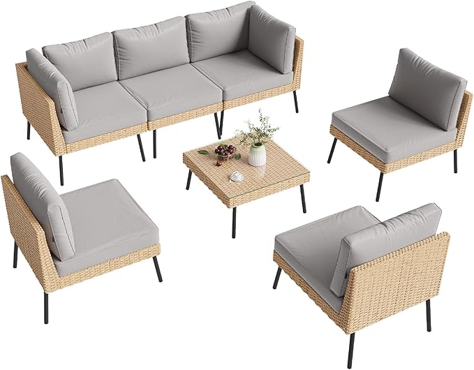Aoxun 7-Piece Patio Furniture Set, Wicker Outdoor Furniture with Water Resistant Thick Cushions, Patio Conversation Set Outdoor Sectional Sofa with Coffee Table for Backyard Poolside, Light Grey