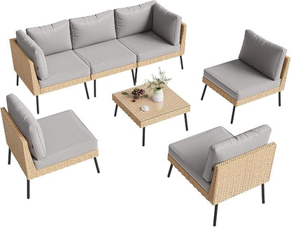 Aoxun 7-Piece Patio Furniture Set, Wicker Outdoor Furniture with Water Resistant Thick Cushions, Patio Conversation Set Outdoor Sectional Sofa with Coffee Table for Backyard Poolside, Light Grey