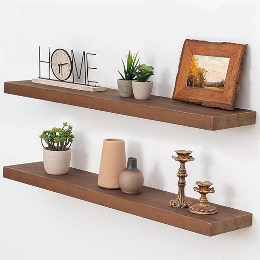 Axeman Natural Wood Floating Shelves for Wall Mounted 30 Inch Rustic Farmhouse Wall Shelves for Bathroom Bedroom Kitchen Living Room Decor Distressed Wooden Shelf|Set of 2, Weathered Walnut