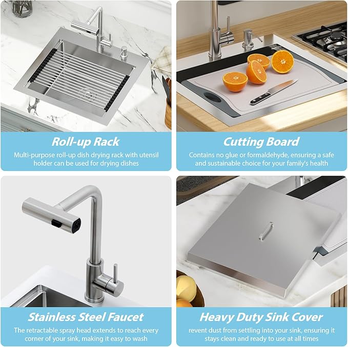 Kichae 21 Inch Outdoor Kitchen Sink - 21" x 20" Stainless Steel Drop Sink 16 Gauge with Pull Down Faucet Combo & Cover for Small Outdoor Kitchens, Bar Prep, and RV Use