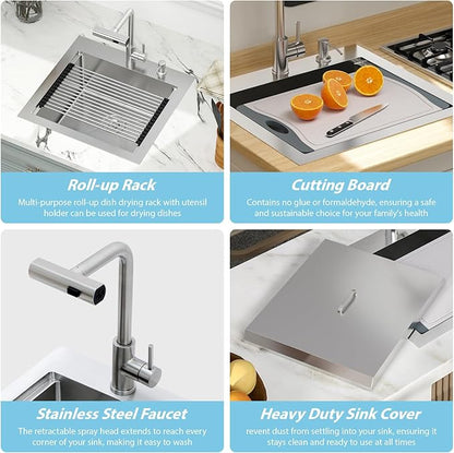 Kichae 21 Inch Outdoor Kitchen Sink - 21" x 20" Stainless Steel Drop Sink 16 Gauge with Pull Down Faucet Combo & Cover for Small Outdoor Kitchens, Bar Prep, and RV Use