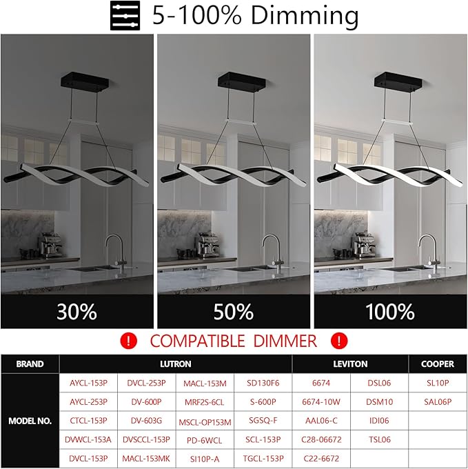 Modern Kitchen Pendant Light Over Island Black LED Pendant Lights 6000K Adjustable Hanging Light Fixture Wave Shape Chandelier for Dining Room Kitchen Island Restaurant Living Room