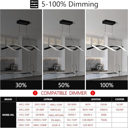 Modern Kitchen Pendant Light Over Island Black LED Pendant Lights 6000K Adjustable Hanging Light Fixture Wave Shape Chandelier for Dining Room Kitchen Island Restaurant Living Room