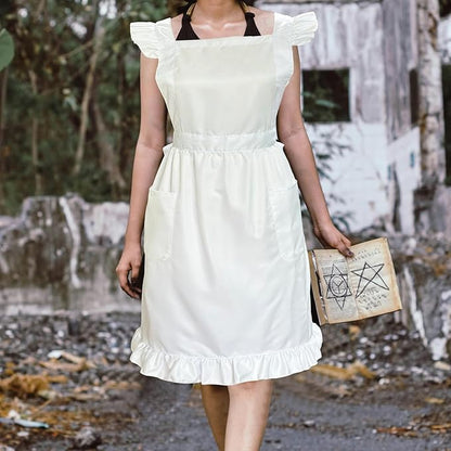 Cityelf Vintage White Apron Maid Pioneer Costume Victorian Style Cotton 50’s Ruffle Dress Apron with Long Ties and Pockets