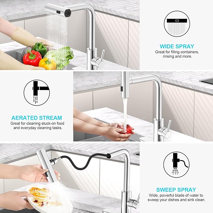 AVSIILE Waterfall Kitchen Faucets with Pull Down Sprayer & Soap Dispenser in Chrome, Single Hole, Single Handle, Pull Out Tap, Stainless Steel Sink Faucet, Suitable for Farmhouse Camper Laundry Rv Bar