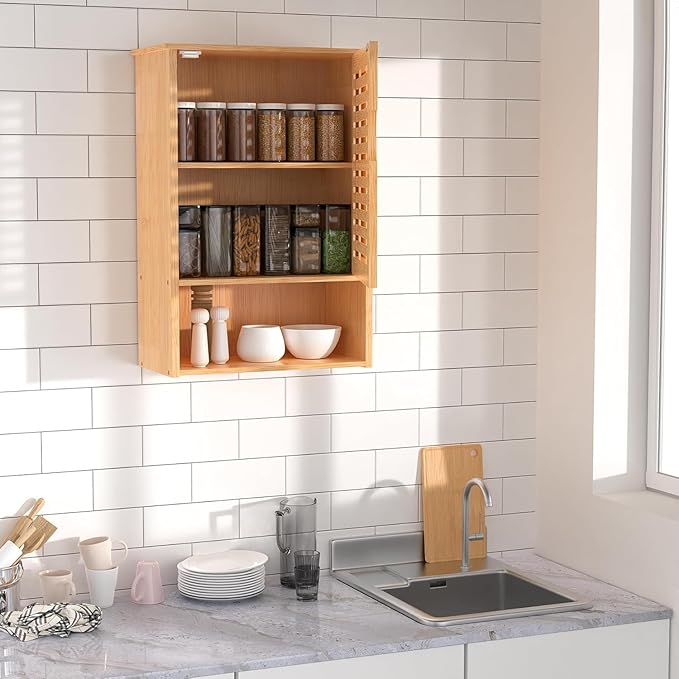 Bathroom Wall Cabinet with Single Door, Bamboo Medicine Cabinet Wall Mounted, Bathroom Storage Cabinet with Adjustable Shelf