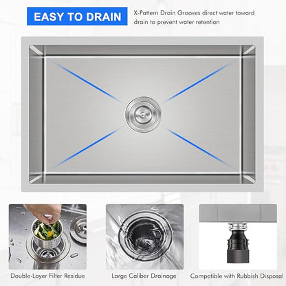 MENATT 28 Inch Undermount Kitchen Sink, 304 Stainless Steel Handmade Large Kitchen Sink, Single Bowl Sink with Drain Kit (Brushed), 28"x18"x9"