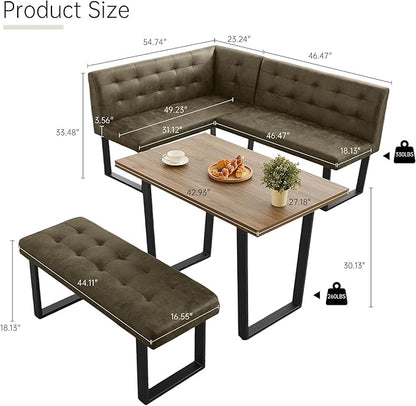 HIPIHOM 3-Piece Corner Dining Table Set with Bench, 70 Inch Space-Saving Breakfast Nook for Kitchen & Dining Room(Walnut Table+Right Seat Brown Bench)