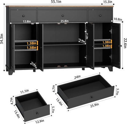 HIFIT 55" Large Kitchen Buffet Cabinet with Storage Drawers, Farmhouse Sideboard Buffet Table Storage Cabinet with Doors and Shelves, Wood Coffee Bar Cabinet for Kitchen Dining Living Room, Black
