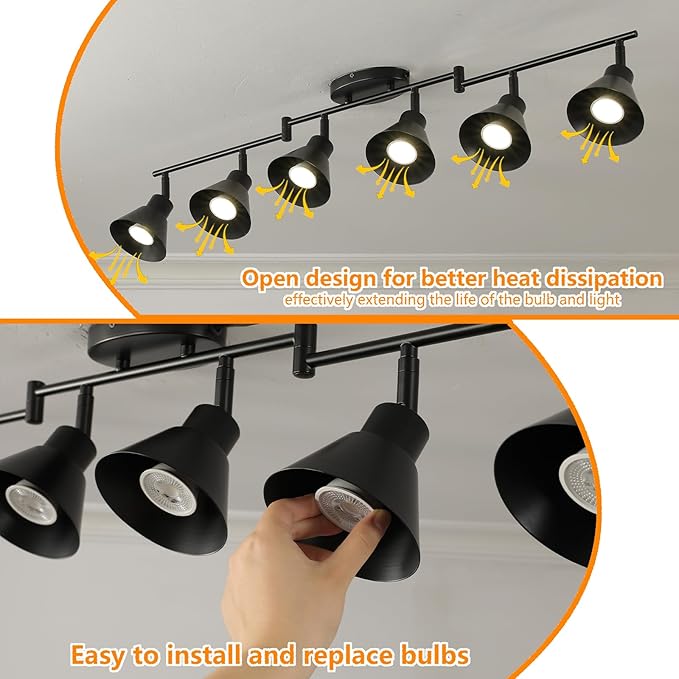 Modern 6-Light Track Lighting Fixture, Black Metal Ceiling Spotlight with Flexible Rotatable Heads, GU10 Base Directional Track Light for Kitchen, Hallway, Living Room & Gallery