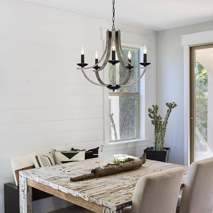LAMPKEDUO Rustic Farmhouse Chandeliers for Dining Room, 5-Light 24 inch Faux Wood Texture Hanging Light Fixture, Candle Style Chandelier for Living Room Kitchen Island Foyer Entryway