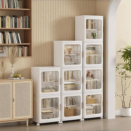 3-Tier Slim Bathroom Storage Cabinet with Doors and Movable Wheels Plastic Organizers and Storage Cabinets Small Spaces for Bathroom Pantry Kitchen Laundry Room Quick Assembly White