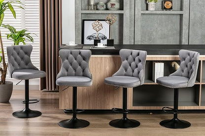 Rhomtree Velvet Swivel Bar Stools Upholstered Bar Stool with Button Tufted Back and Pull Ring Height Adjustable Barstools 25-33 Inch for Home Pub and Kitchen Island (Gray with Black Base, Set of 6)