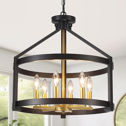 6-Light Modern Farmhouse Chandelier, Black and Gold Semi Flush Mount Ceiling Light Fixture Convertible Hanging Pendant Lights, Rustic Vintage Chandeliers for Dining Room Foyer Kitchen Bedroom Entryway