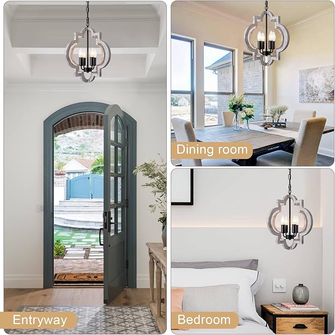 4-Light 15" Farmhouse Orb Chandelier Rustic Handmade Distressed White Wood Hanging Ceiling Pendant Light Fixture Wood Lantern Chandeliers for Dining Room Kitchen Bedroom Foyer Hallway