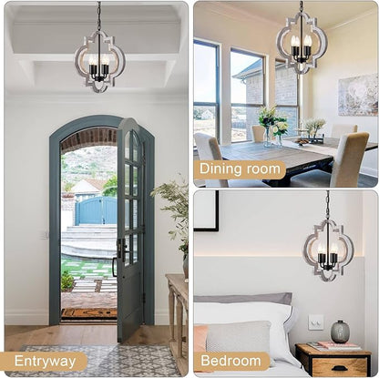 4-Light 15" Farmhouse Orb Chandelier Rustic Handmade Distressed White Wood Hanging Ceiling Pendant Light Fixture Wood Lantern Chandeliers for Dining Room Kitchen Bedroom Foyer Hallway