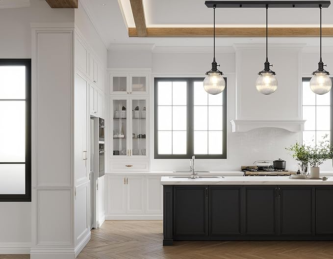 Phansthy Kitchen Island Lighting, 3 Lights Linear Chandeliers, Hanging Light with 5.9" Globe Striped Glass Shade, 3-Light Pendant Light Fixtures for Dining Room Farmhouse (Black, Long Base)