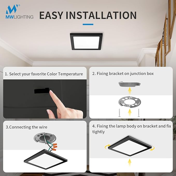 4 Pack 12 Inch Square Black Ceiling Light, 24W 120V, 3000K/4000K/5000K, Dimmable Slim LED Ceiling Light, Ceiling Light Fixtures for Bedroom, Kitchen, Hallway, Laundry, ETL Listed, Each Side is 11.38"