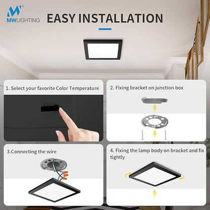 mw 7 Inch Square Black Ceiling Light, 12W, 120V, 3000K/4000K/5000K, Dimmable Slim LED Ceiling Lights, Close to Ceiling Light Fixtures for Bedroom, Hallway, Laundry, ETL Listed, Each Side is 6.38"
