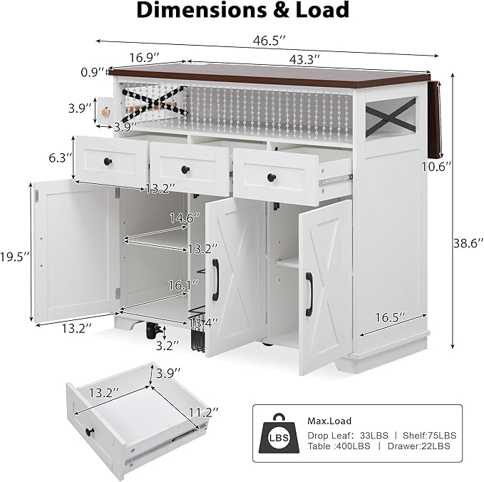Ball & Cast Farmhouse Kitchen Island with Drape of Beads & Power Outlet, Rolling Kitchen Cart on 5 Wheels, 3 Drawers, Internal Iron Shelf & Towel Rack, for Kitchen & Dining Room, White