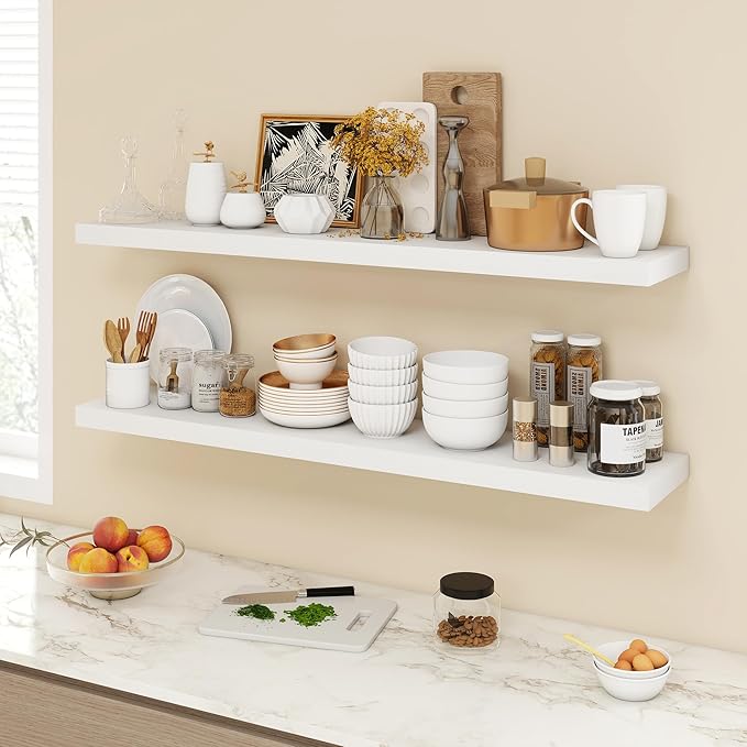 Acovy 48 Inch Floating Shelves, 9.3" Deep Floating Shelf Wall Mounted, 48" Wall Shelves, Rustic Deep Bookshelf, Large Display Shelves & Storage Shelves for Bedroom, Living Room, White, Set of 1