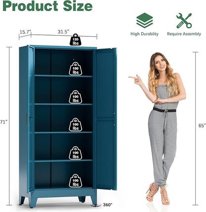 Bevivog 71" Tall Storage Cabinets, Farmhouse Metal Cabinet Bookshelf with 2 Doors and 4 Adjustable Shelves, Blue Kitchen Pantry Cabinets for Kitchen Living Room, Home Office, Laundry, Bathroom
