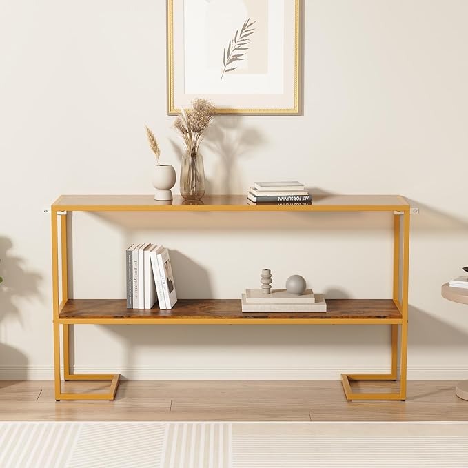 Furnify Console Sofa Table, 52" Modern Entryway Table, 2-Tier Open Shelf with Tempered Glass, Metal Frame Behind Couch Table with Gold Metal Frame for Living Room Hallway Entrance, Brown