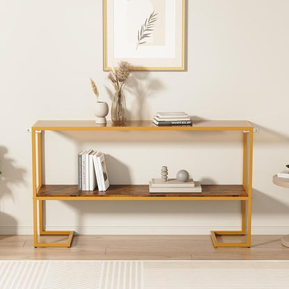 Furnify Console Sofa Table, 52" Modern Entryway Table, 2-Tier Open Shelf with Tempered Glass, Metal Frame Behind Couch Table with Gold Metal Frame for Living Room Hallway Entrance, Brown