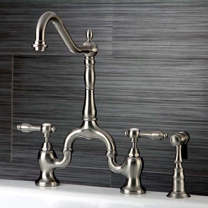 Kingston Brass KS7758TALBS Tudor Bridge Kitchen Faucet with Brass Sprayer, Brushed Nickel