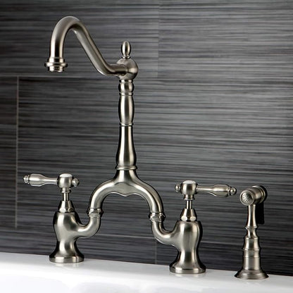 Kingston Brass KS7758TALBS Tudor Bridge Kitchen Faucet with Brass Sprayer, Brushed Nickel