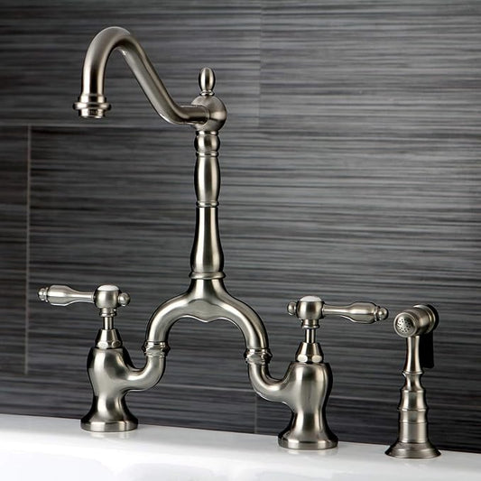Kingston Brass KS7758TALBS Tudor Bridge Kitchen Faucet with Brass Sprayer, Brushed Nickel
