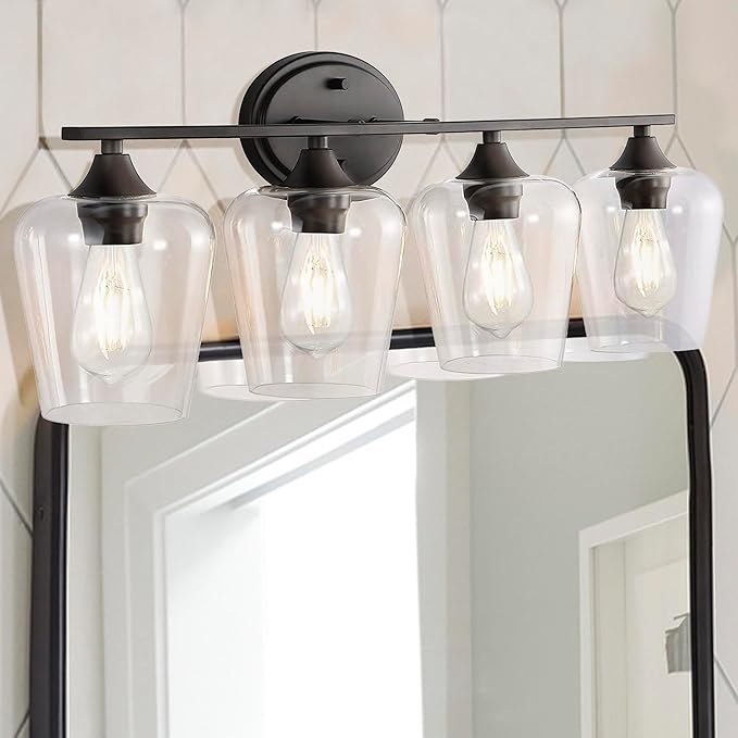 JONATHAN Y 32" Oil Rubbed Bronze 4-Light Farmhouse Rustic LED Vanity Light Sconce, Clear Glass Shade, Vintage Indoor Fixture for Bathroom Mirror, LED Bulb Included (JYL7548A)