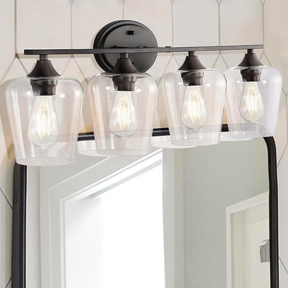 JONATHAN Y 32" Oil Rubbed Bronze 4-Light Farmhouse Rustic LED Vanity Light Sconce, Clear Glass Shade, Vintage Indoor Fixture for Bathroom Mirror, LED Bulb Included (JYL7548A)