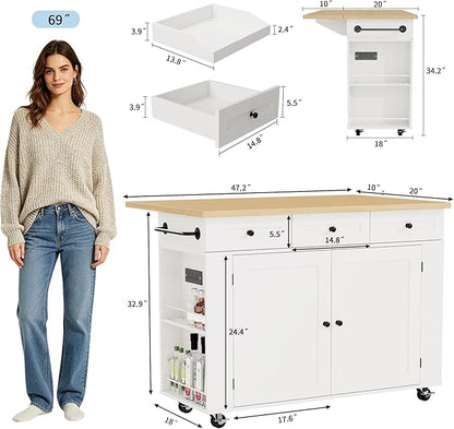 IDEALHOUSE Rolling Kitchen Island with Drop Leaf Countertop, Charging Station & Ample Storage - 47.2" Mobile Kitchen Cart On Wheels with Pull-Out Shelves, Drawers, Spice Rack & Organizer Divider