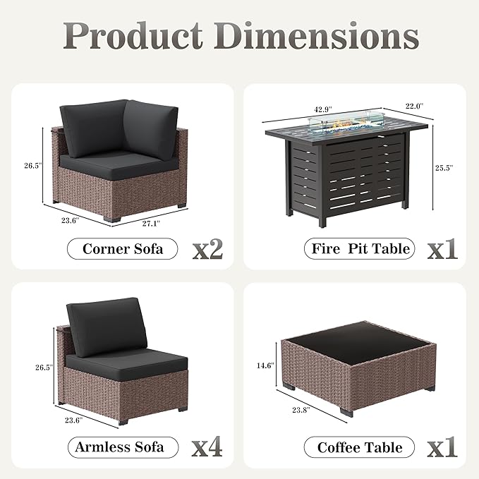 Patio Furniture Set 7 Pieces Conversation Set Wicker Outdoor Sectional Sofa,Ergonomic Armrests Couch with Cushion and Glass Table (Brown-Grey, 8 Piece-Fire Table)