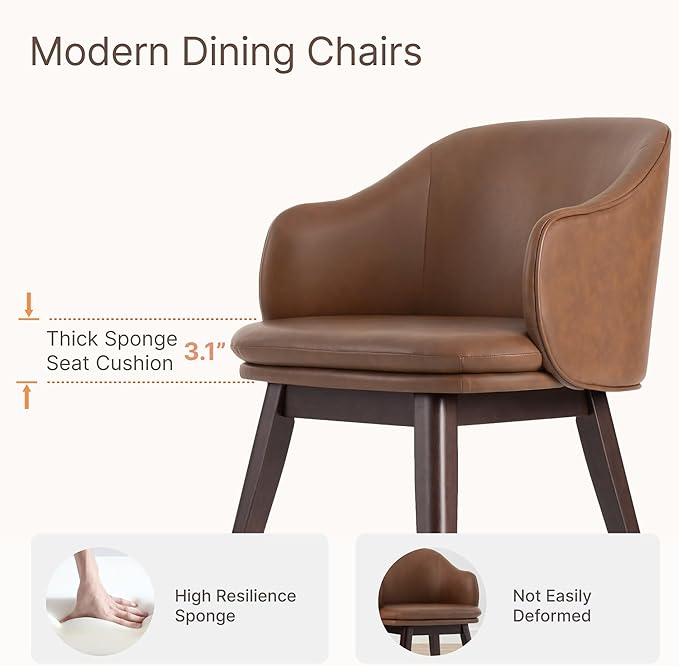 KISLOT Wooden Dining Chairs Set of 2, Faux Leather Upholstered Modern Dining Room Chairs with Barrel Backrest & Double-Layer Thick Cushion for Living Room, Restaurant, Kitchen and Café, Brown