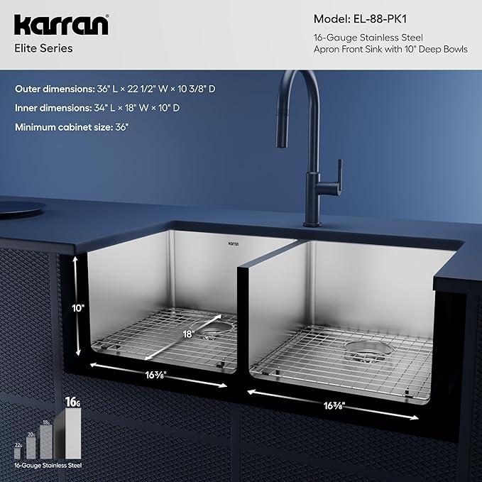 Karran Elite EL-88 Apron-Front Stainless Steel 36 in. 16-Gauge Double Bowl Farmhouse Kitchen Sink Kit