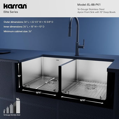 Karran Elite EL-88 Apron-Front Stainless Steel 36 in. 16-Gauge Double Bowl Farmhouse Kitchen Sink Kit