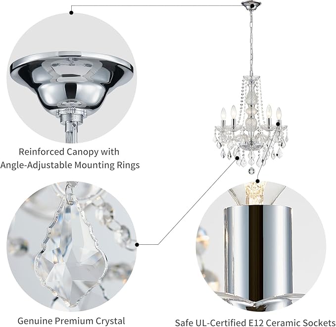 WUZUPS 5-Light Crystal Candle Chandelier Pendant Ceiling Light Modern Lighting Fixture for Bedroom Hallway Bar Kitchen Bathroom, H 25" W 20", E12 Base, Chrome