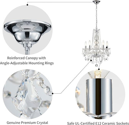 WUZUPS 5-Light Crystal Candle Chandelier Pendant Ceiling Light Modern Lighting Fixture for Bedroom Hallway Bar Kitchen Bathroom, H 25" W 20", E12 Base, Chrome