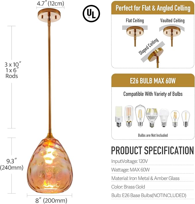 Colorful Amber Hammered Glass Pendant Light with Brass Gold Accent, Adjustable Hanging Lamp for Kitchen, Dining Room, and Living Room