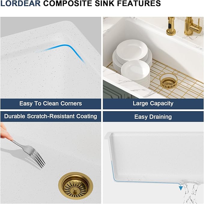 Lordear 33 Inch White Kitchen Sink Granite Composite Undermount Kitchen Sink Workstation 33x19 White Quartz Sinks Under Counter Single Bowl with Classic Gold Accessories