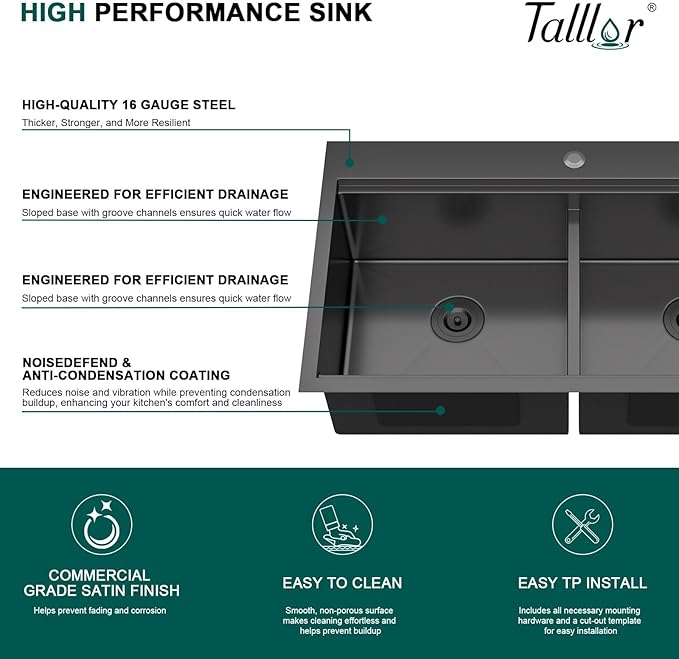 36 Inch Drop-In Double Bowl Kitchen Sink with Faucet, 16 Gauge 304 Stainless Steel 50/50 Low Divide Workstation All-In One Large Sink with Accessories Gunmetal Black #TL-FDOE00094